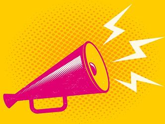 pink graphic loudspeaker against a yellow background